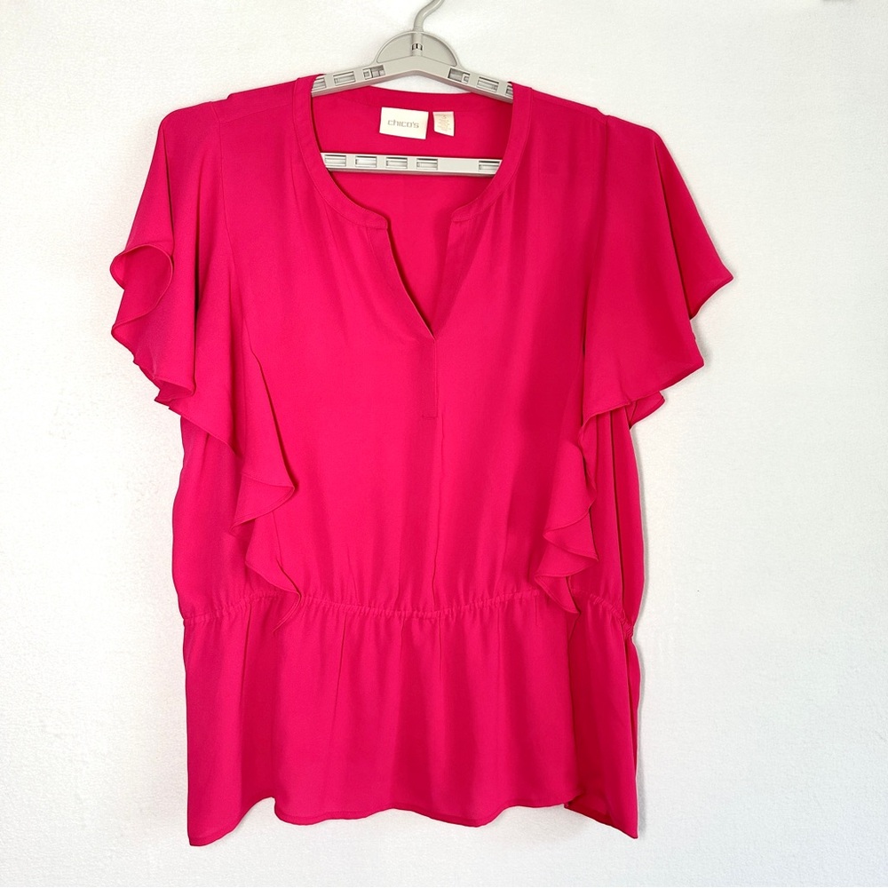Chico's Flutter Sleeve Top 3 US 16 XL Hot Pink Elastic Waist Lightweight Ruffles